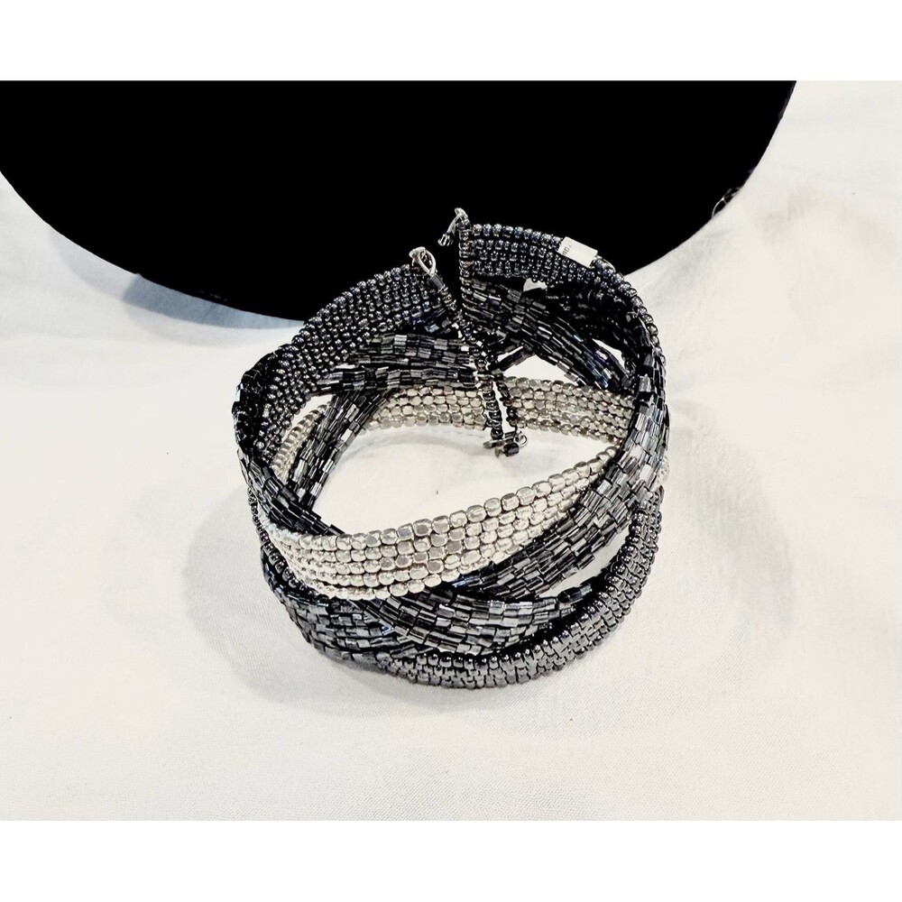 Navy and Silver 4 Braid Bead Cuff Bracelet in Made in India